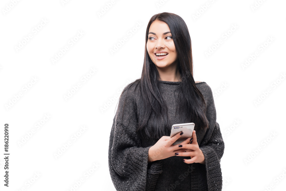 Attractive woman using smart phone on white background. Attractive woman using smart phone on white background.