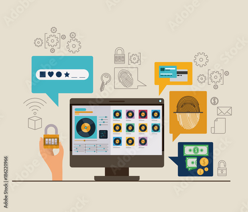 mobile security with desktop computer and secure apps in white smoke color background