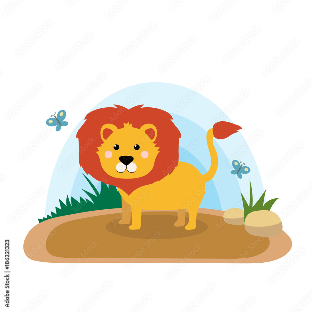 Wild animals with landscape - cute cartoon vector illustration of lion Wild animals with landscape - cute cartoon vector illustration of lion