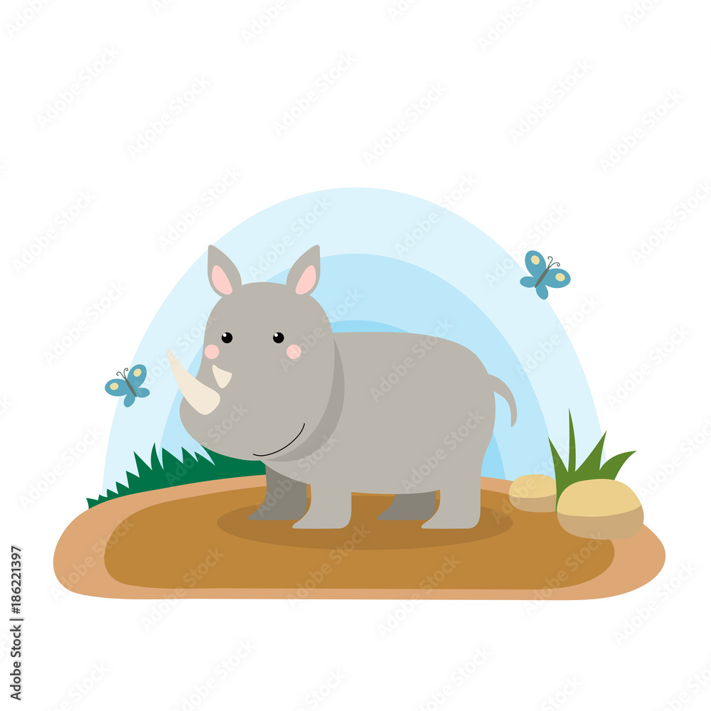 Wild animals with landscape - cute cartoon vector illustration of rhinoceros Wild animals with landscape - cute cartoon vector illustration of rhinoceros