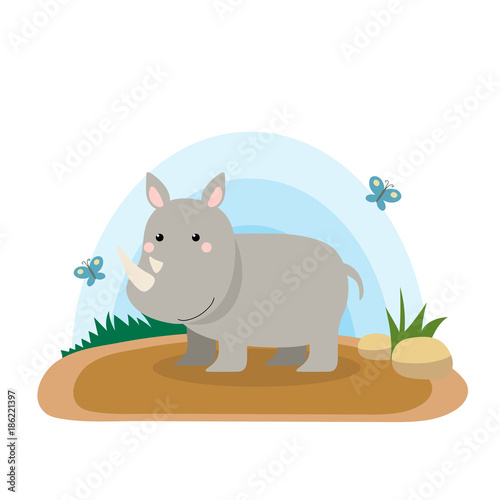 Wild animals with landscape - cute cartoon vector illustration of rhinoceros