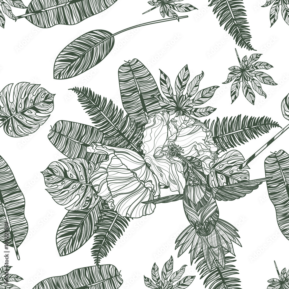 Leaves, poppies and hummingbird seamless pattern.
