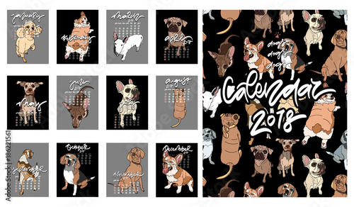 Calendar 2018. Cute monthly calendar with dogs.