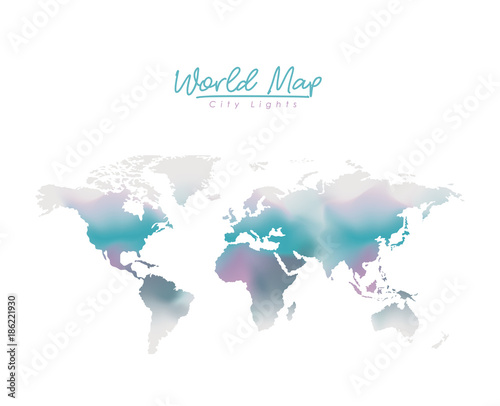 world map city lights in degraded purple to blue color silhouette