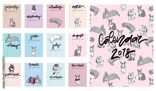 Calendar 2018. Cute monthly calendar with rabbits.