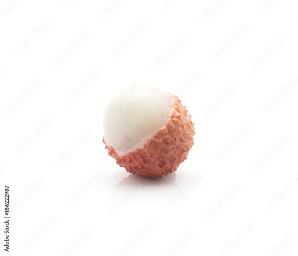 One peel lychee isolated on white background ripe pink fresh berry. One peel lychee isolated on white background ripe pink fresh berry.