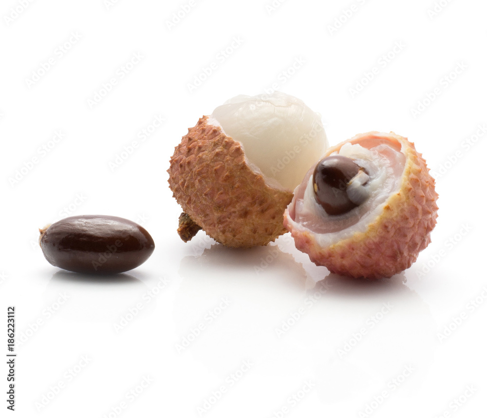 Lychee stack isolated on white background ripe pink fresh two berries peel with chicken tongue seeds. Lychee stack isolated on white background ripe pink fresh two berries peel with chicken tongue seeds.