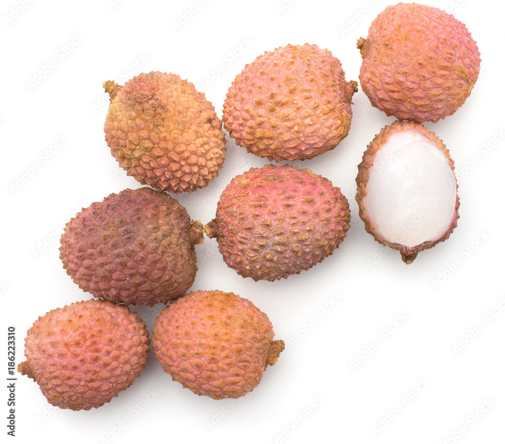 Lychee stack top view isolated on white background ripe pink fresh berries one peel. Lychee stack top view isolated on white background ripe pink fresh berries one peel.
