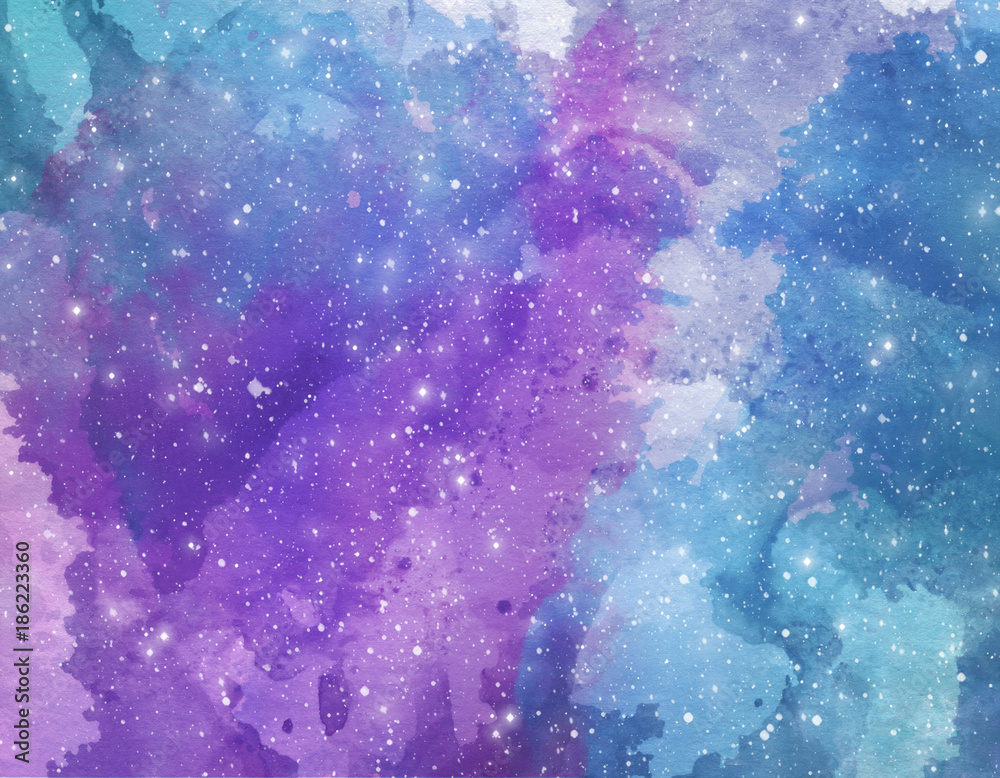 Space watercolor background. Abstract galaxy painting. Cosmic texture with stars