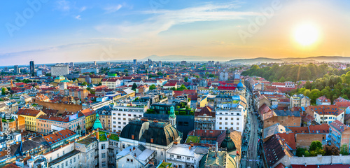 Zagreb aerial panorama cityscape. / Aerial panorama of amazing Zagreb cityscape in sunset time, european travel destinations.