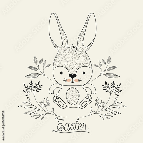 easter poster with cute rabbit with decorative branches in monochrome silhouette