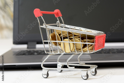 Buy Cryptocurrency concept with coins in shopping cart photo