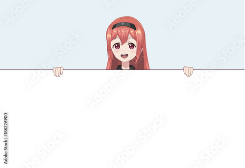 Japanese Asian woman holding white big sign board