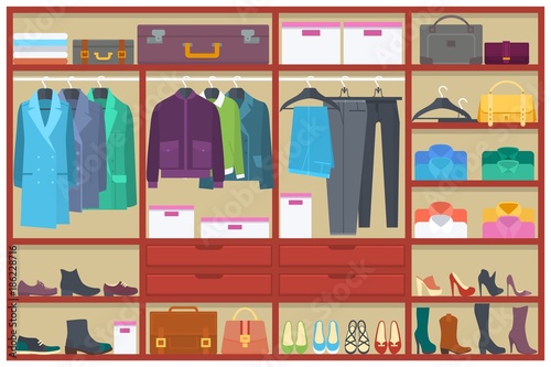Wardrobe room full of clothes.Flat vector illustration