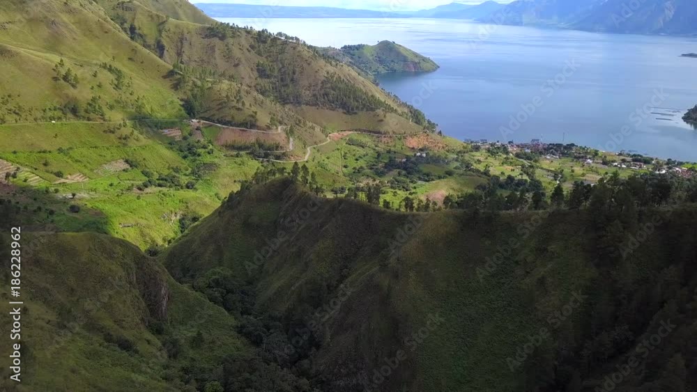 Aerial 4K of flying over Toba lake,North Sumatra,Indonesia