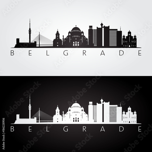 Belgrade skyline and landmarks silhouette, black and white design, vector illustration. photo