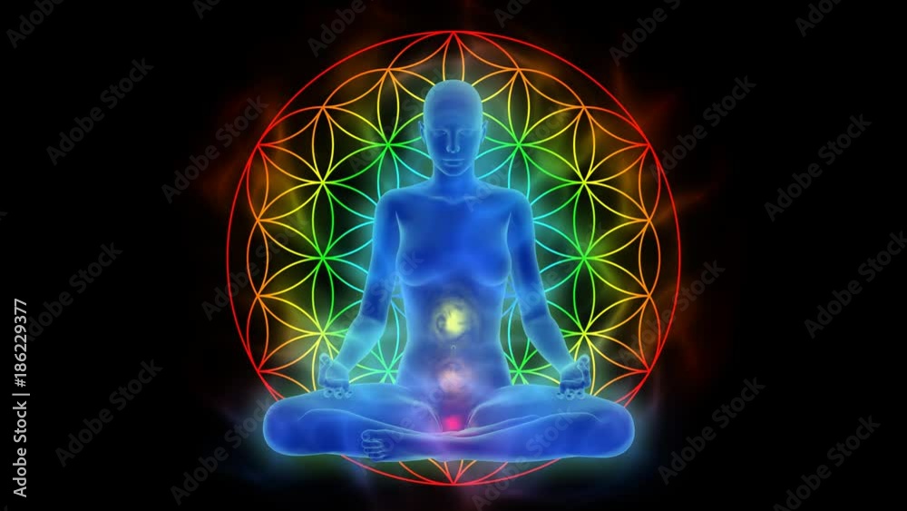 Aura, chakra activation, enlightenment of mind in meditation, symbol flower of life - animation with uhd / 4k resolution