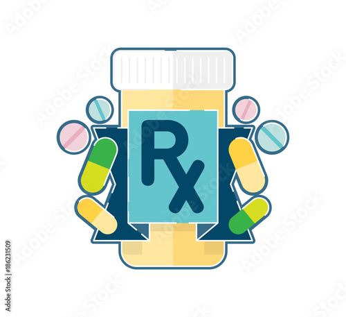 Prescription pharmaceutical medicine pills with Rx symbol