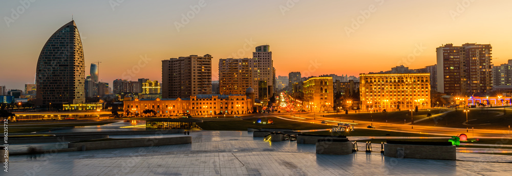 View of the city with residential houses during a beautiful sunset, Baku, Azerbaijan