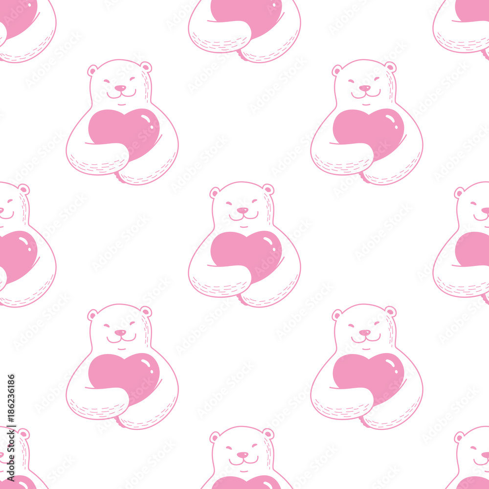 Bear Hug red Heart valentine Seamless Pattern vector wallpaper background isolated pink
