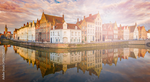 Medieval buildings along a Spiegelrei canal in Bruges, Belgium
