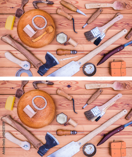 Obraz na plátne Puzzle quiz, find missing five woodworking tools. Easy level.