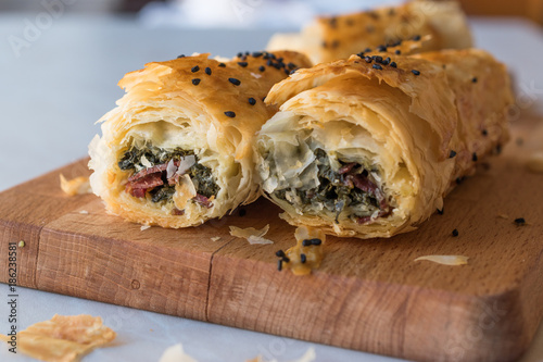Turkish Borek with Spinach and Pastrami or Pastirma.