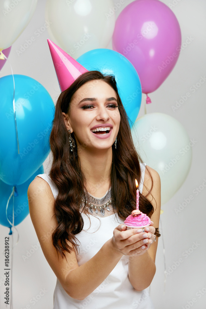 Happy Birthday. Girl With Balloons And Cake At Party Stock Photo