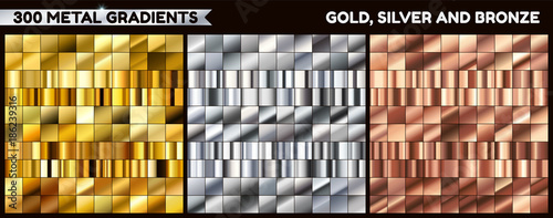 Big metal pack. Collection of gold, silver and bronze gradient for design. Vector gradients set.