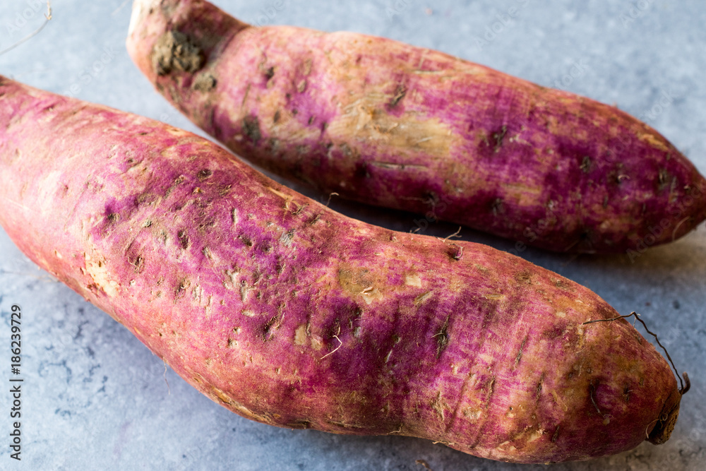 Raw Red Organic Sweet Potatoes on Blue Surface. Raw Red Organic Sweet Potatoes on Blue Surface.