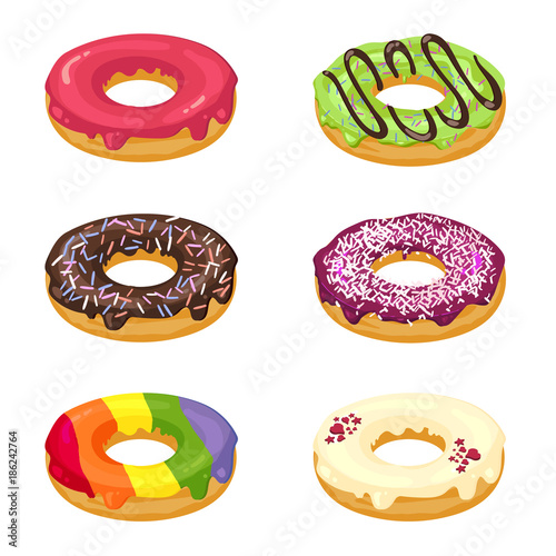 set of donuts with decorations and colored icing