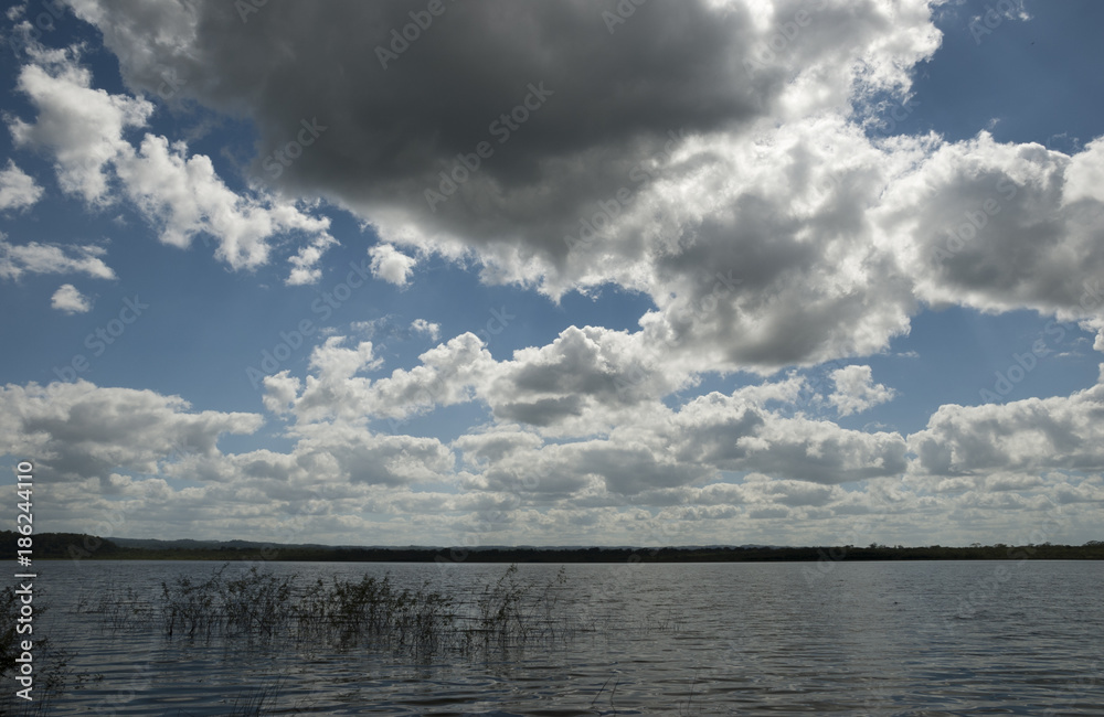 Panoramic view, scene in Lake Peten Itza in Guatemala, Central America, source of fresh water, oxygen and wildlife.