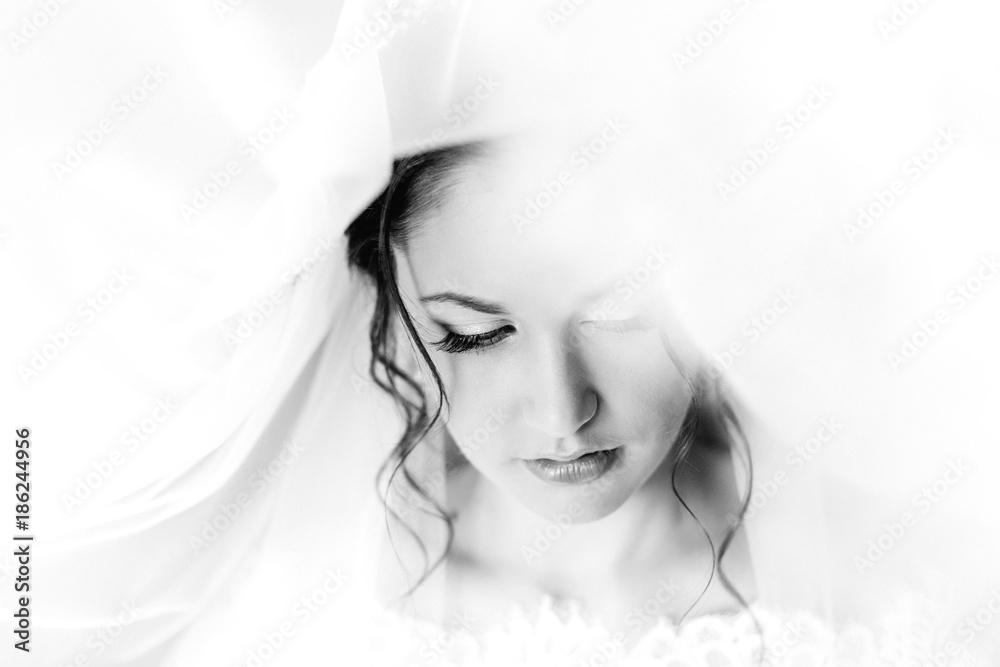 Close-up of a beautiful girl face against a white tulle