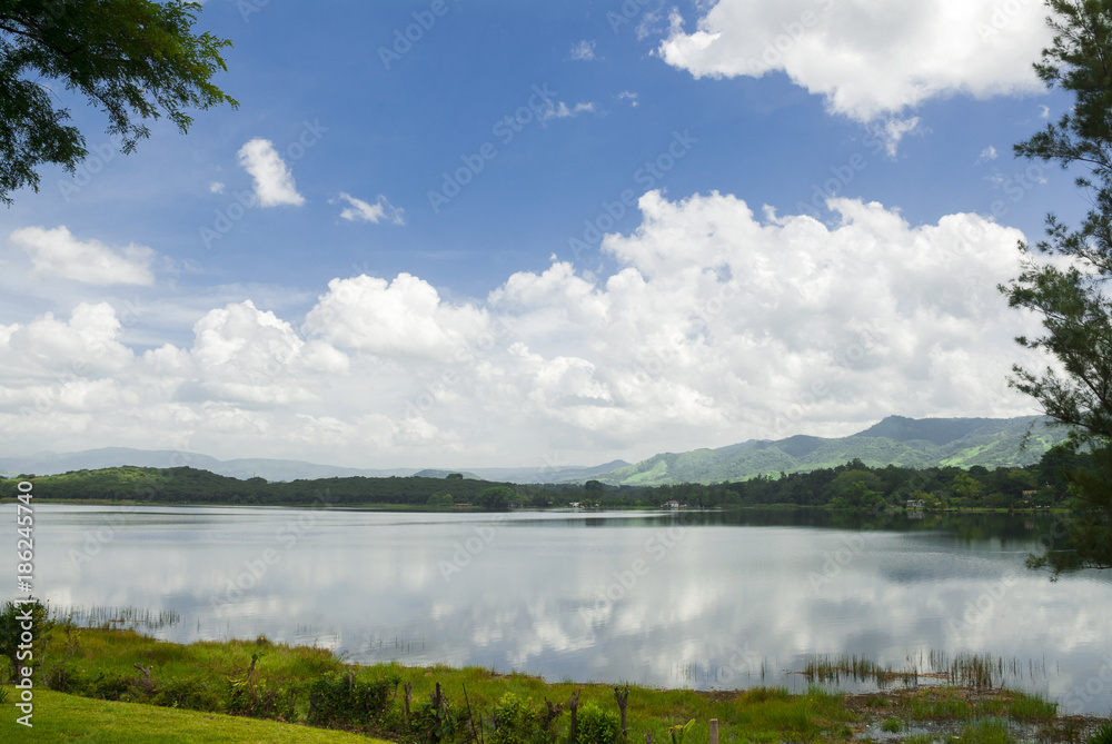 Lagoon El Pino in Guatemala, mountains and tropical forest.