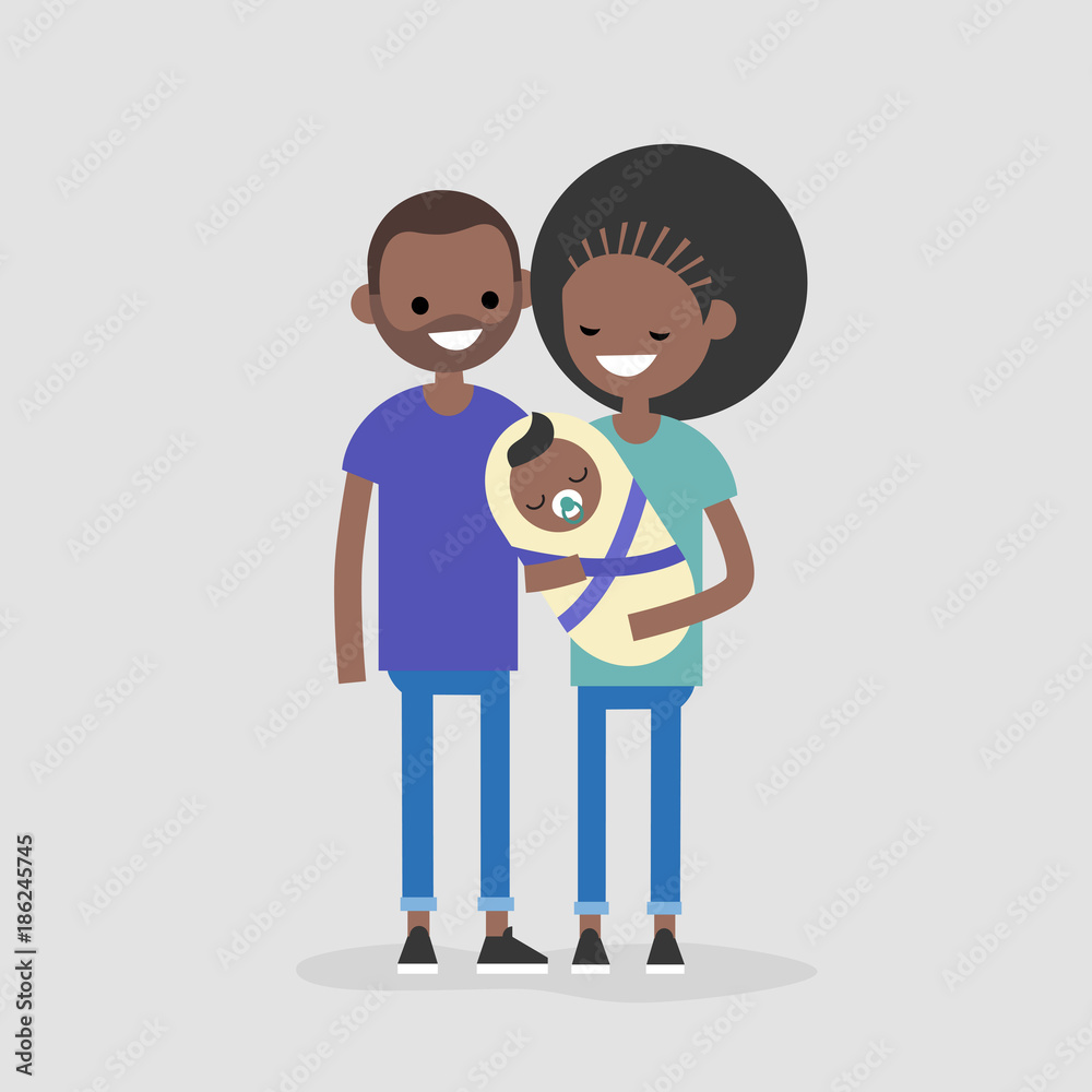 Young modern black family concept. Mother, father and their baby / flat editable vector illustration, clip art