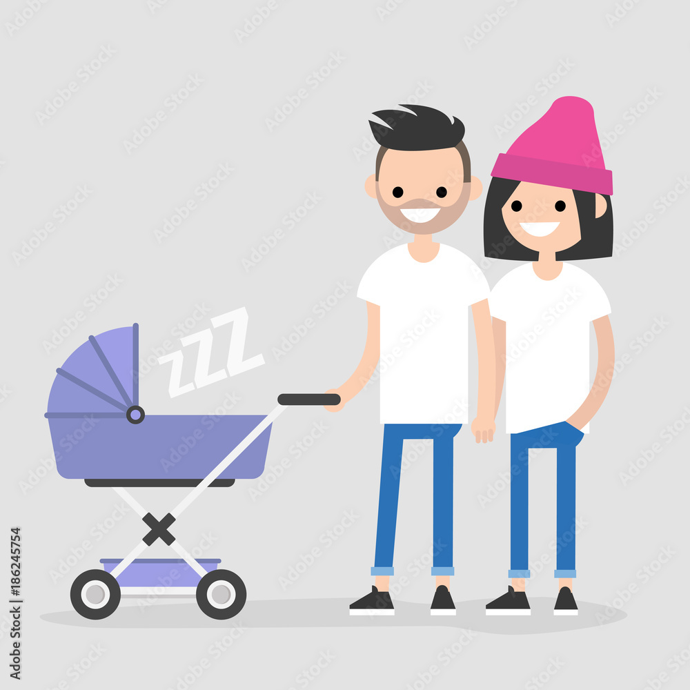 Young family walking with a baby carriage. Mother and father. A couple with a child. Flat editable vector illustration, clip art Young family walking with a baby carriage. Mother and father. A couple with a child. Flat editable vector illustration, clip art