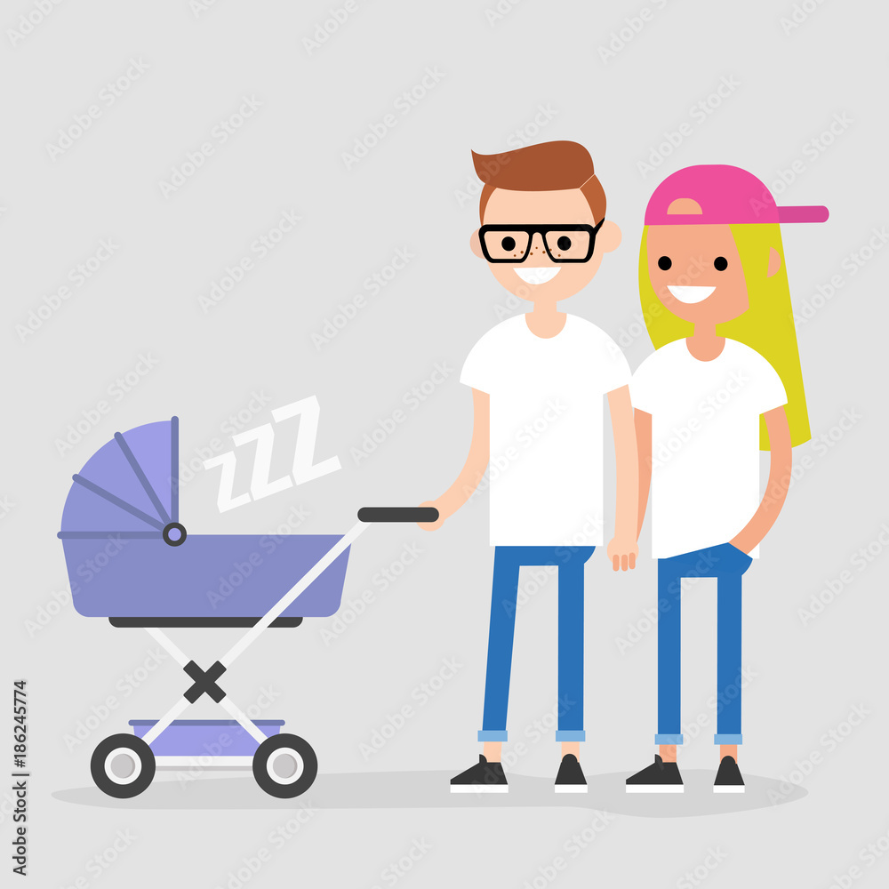 Young family walking with a baby carriage. Mother and father. A couple with a child. Flat editable vector illustration, clip art Young family walking with a baby carriage. Mother and father. A couple with a child. Flat editable vector illustration, clip art