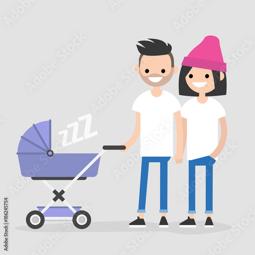 Young family walking with a baby carriage. Mother and father. A couple with a child. Flat editable vector illustration, clip art