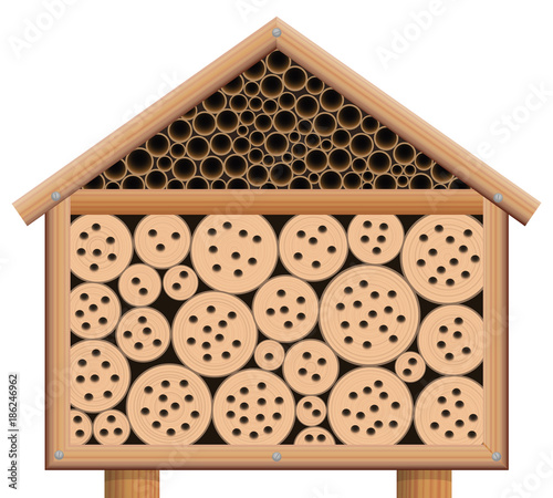Insect hotel - wooden bug house with roof - isolated vector illustration on white background.