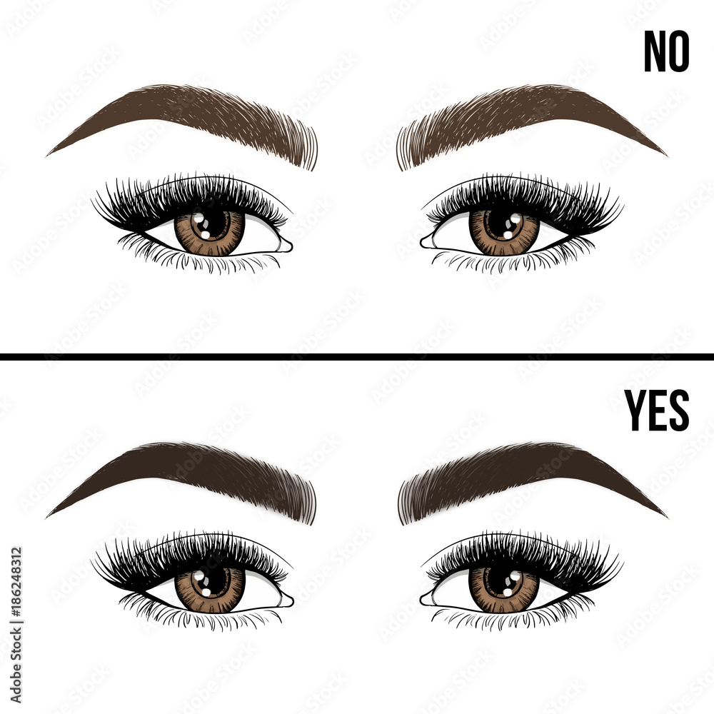 Right and wrong eyebrow coloring and eyebrows shapes. Female eyes and eyebrows vector elements. Types of eye makeup eyebrows. Yes and no vector illustration.