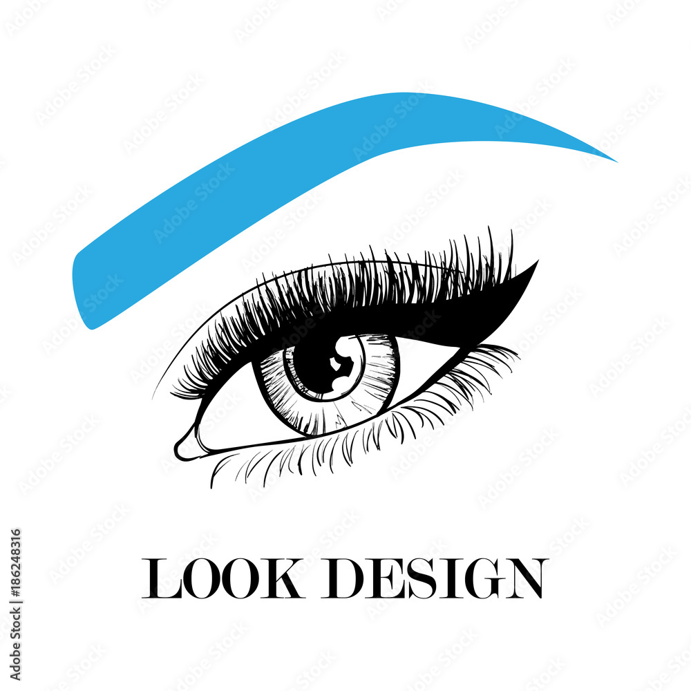 Illustration of woman eyes with long eyelashes and a blue eyebrow. Look design. Logo design for makeup, eyebrow master or eyelash extensions Illustration of woman eyes with long eyelashes and a blue eyebrow. Look design. Logo design for makeup, eyebrow master or eyelash extensions