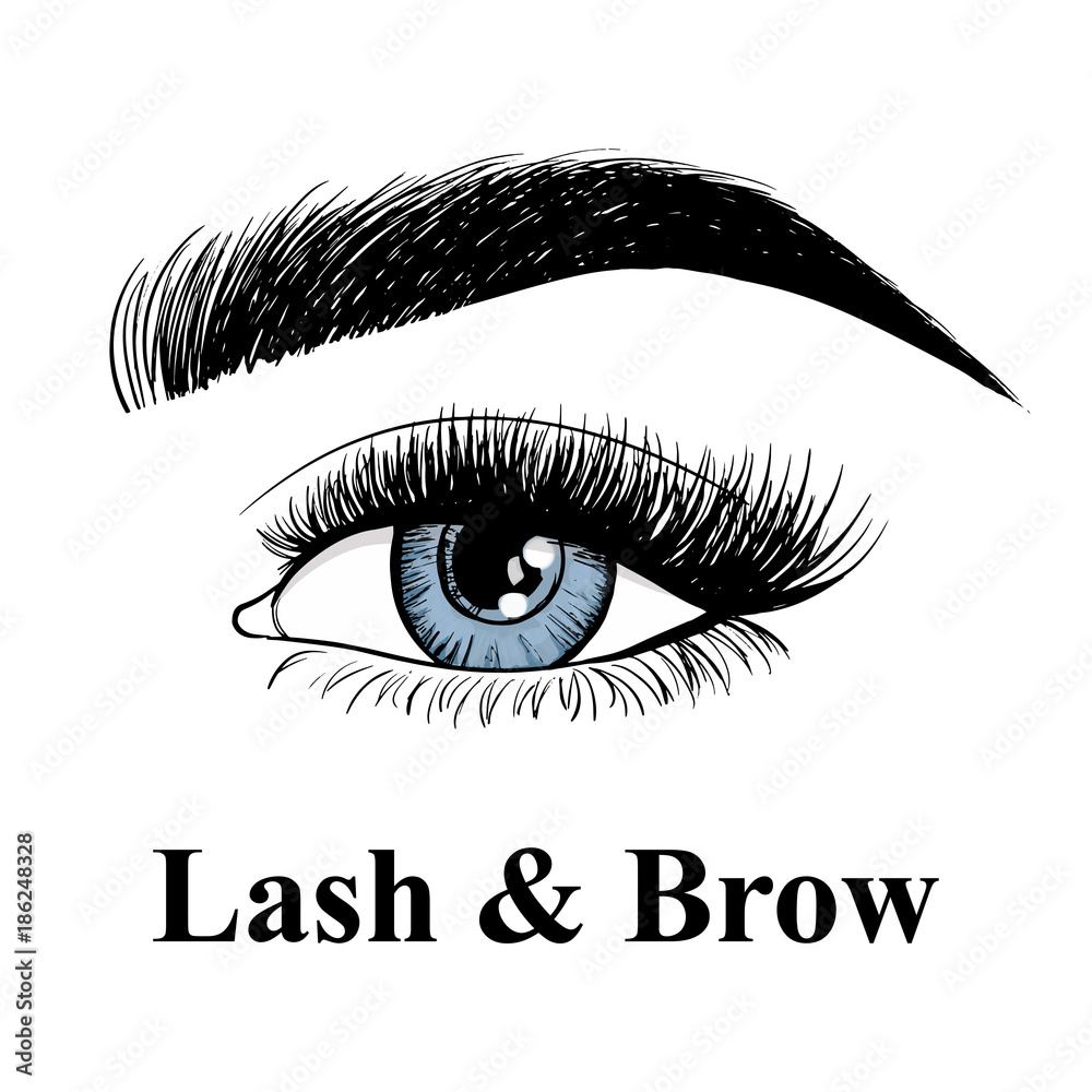 Vecteur Stock Beauty lash and brow studio logo. Typography poster. Blue  Eye, eyebrow and long eyelashes. Vector illustration for gift card. Black  on white background. | Adobe Stock