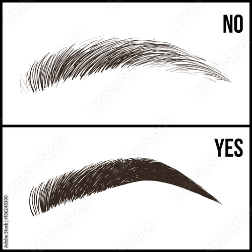 Eyebrows design. Set of well-groomed and shaggy eyebrows. No and yes the care of eyebrow coloring and eyebrows shapes. Vector illustration