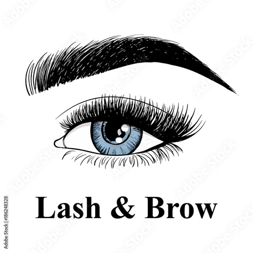 Beauty lash and brow studio logo. Typography poster. Blue Eye, eyebrow and long eyelashes. Vector illustration for gift card. Black on white background.