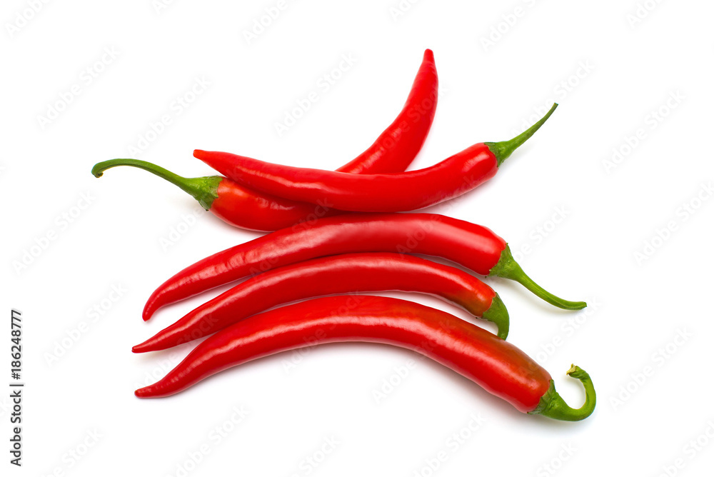 Red chili peppers isolated on white background. Creative spicy sharp. Flat lay, top view Red chili peppers isolated on white background. Creative spicy sharp. Flat lay, top view