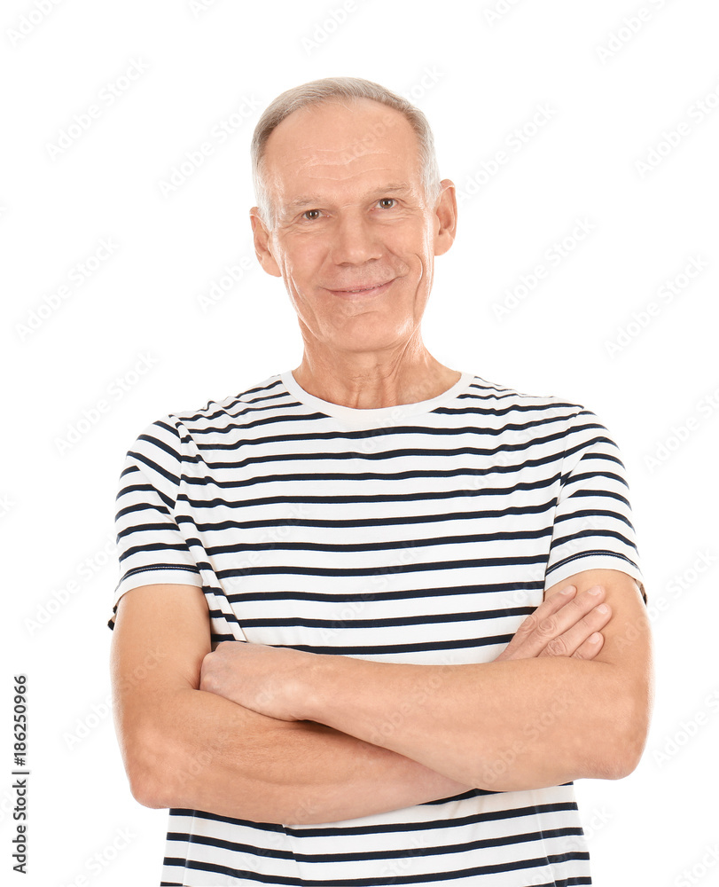Attractive mature man in casual clothes on white background