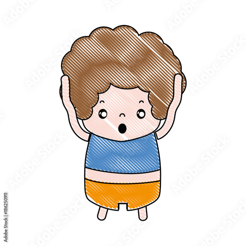 grated boy with curly hair and scared face