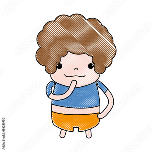 grated boy with curly hair and thinking face
