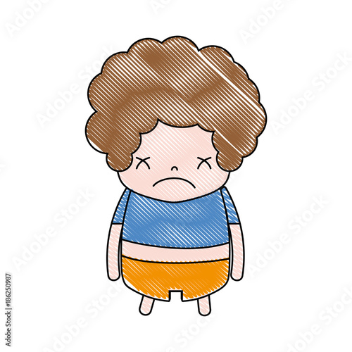 grated boy with curly hair and sad face