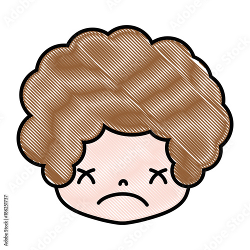 grated boy head with curly hair and sad face
